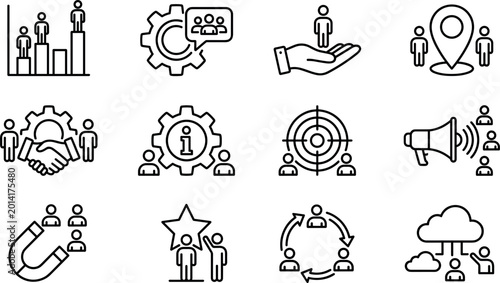 Human resources line icon set with recruitment teamwork leadership communication and employee management business symbols collection