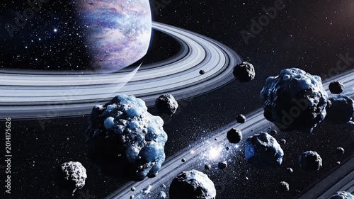 Ringed gas planet with icy asteroid field and glowing starlight, dramatic cosmic sc conveying wonder and isolation with deep space rocks
