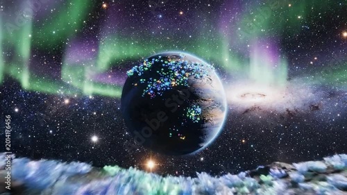 Shimmering alien planet  flora aurora and . luminous alien meadow of glowing flowers aurora and starry sky. surreal alien