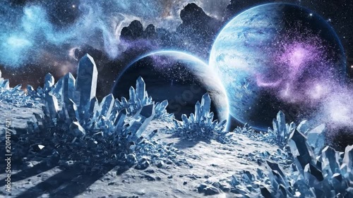 Ice crystal frozen planet landscape with towering quartz formations under blue nebula skies and icy alien moon vistas evoking awe and solitude