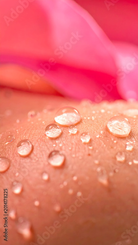 Deep Hydration Macro: Extreme macro shot of dewdrops clinging to human skin capturing deep hydration, soft skin, glowing pore, refreshing, calm sensation