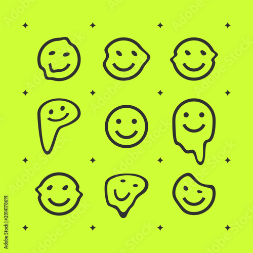 Melted smiley face line art vector set Trippy Y2K dripping emojis on neon yellow green