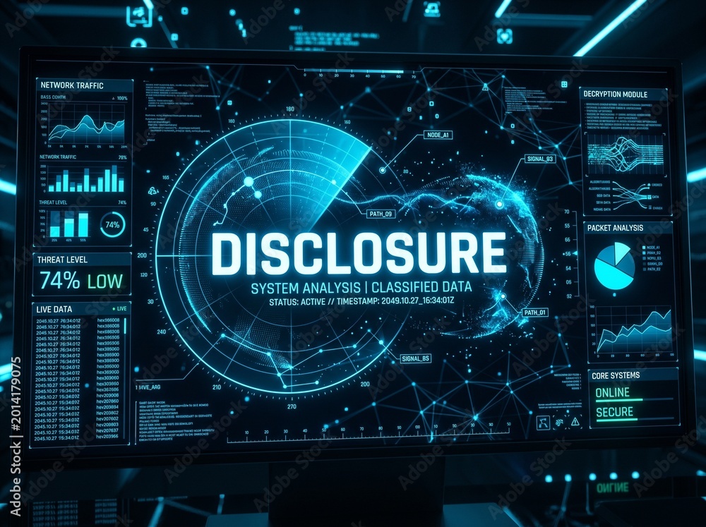 Fototapeta premium Futuristic digital interface screen displaying 'Disclosure' with system analysis and classified data.