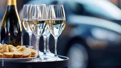 Golden White Wine Glasses Champagne Bottle and Canaps Reflecting a Blurred Luxury Car.