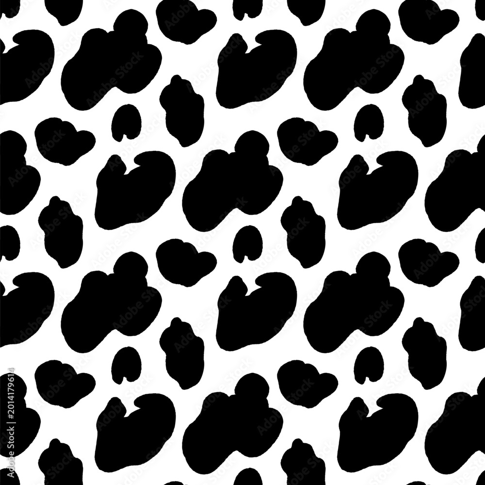 Fototapeta premium Blob seamless pattern spot print in bold black on white. Freeform stain and organic amoeba as modern vector for textile. Monochrome animal repeat with dalmatian and cow motif on fabric.