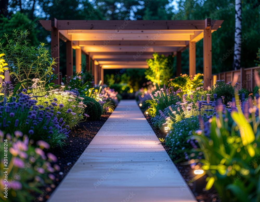 Fototapeta premium Nowoczesna drewniana pergola ogrodowa z oświetleniem nocą w ogrodzie