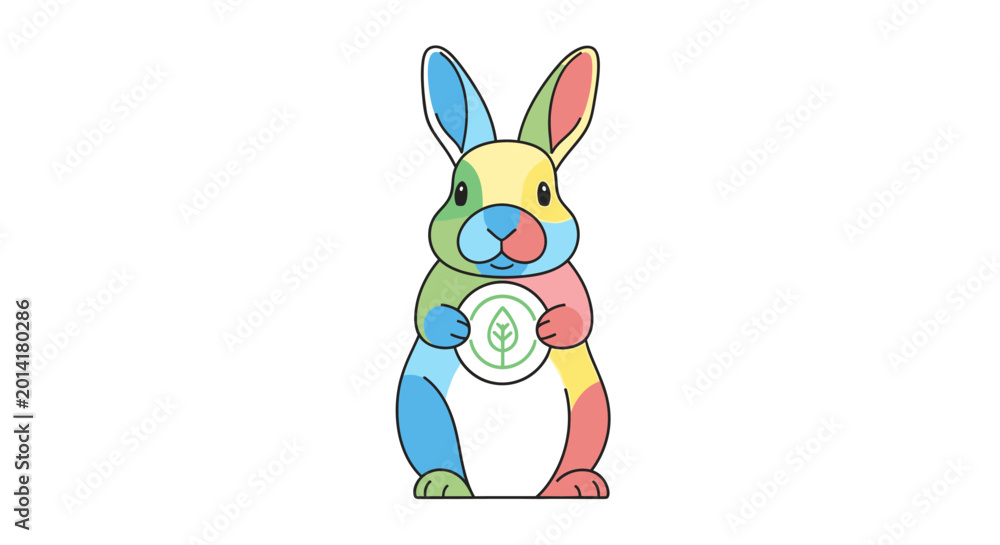 Obraz premium A colorful rabbit illustration holding a circular symbol with a leaf. A vibrant and cheerful design