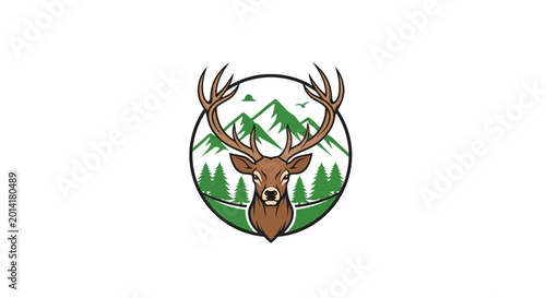A detailed illustration of a deer head, with mountains, trees, and bird within a circular frame