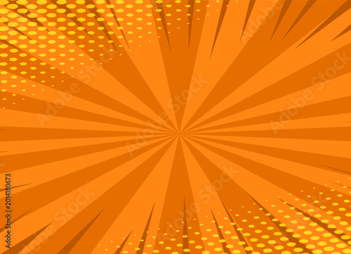 Vibrant orange comic book style background featuring sunburst rays and halftone dot patterns perfect for dynamic pop art graphic design.
