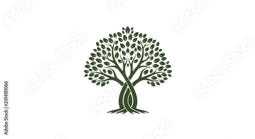 A dark green tree illustration with intertwined trunk and dense leafy crown against a white backdrop
