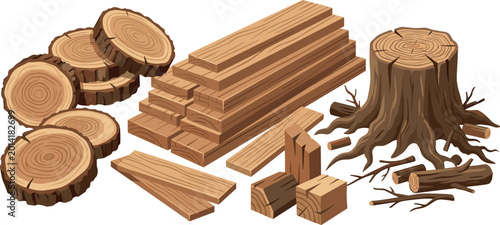 Tableau sur toile Wood Log Lumber Plank and Tree Stump Collection for Carpentry Forestry and Const