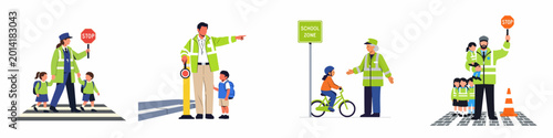 Obraz na plátne Set of illustrations featuring school crossing guards in high-visibility uniforms helping children safely cross the street and navigate school zones