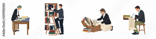 Photos Professional archivists and historians carefully restoring and organizing vintage books, scrolls, vinyl records, and historical maps in a set of flat vector illustrations