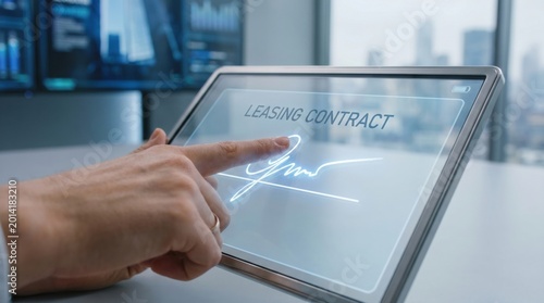 A person digitally signing a leasing contract on a transparent touchscreen device in a modern office setting.