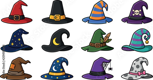 Foto Cartoon Halloween Witch Hat Collection with Magical Fantasy Costume Designs for