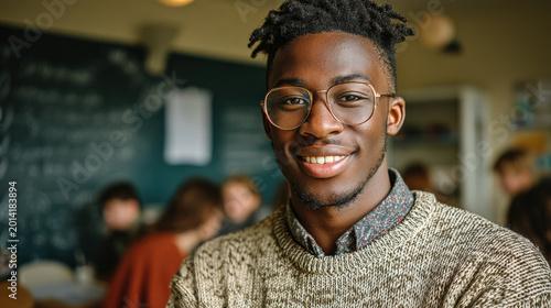 A young man wearing glasses and a sweater smiles confidently in a classroom with blurred students in the background.