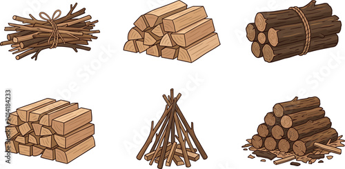 Bild auf Leinwand Firewood Bundle and Wooden Log Stack Collection for Campfire Heating and Rustic