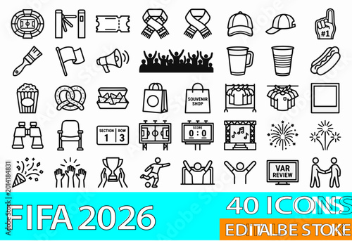Tableau sur toile Icons representing stadium atmosphere and game day essentials are presented in a clean black and white line art style that offers plenty of copy space for professional sports marketing materials