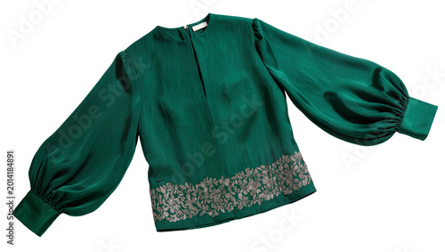 Foto Isolated luxurious emerald green blouse with voluminous sleeves and ornate gold floral embroidery