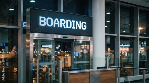 An illuminated airport boarding gate sign inside a modern terminal at night, with reflections on glass and blurred lights outside.