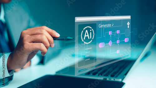 Schilderij op canvas Businessman using a stylus pen with virtual interface of AI generative process, workflow automation and command prompt on laptop for smart business technology concept