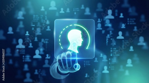 Businessman hand selecting user profile hologram representing AI-driven customer targeting, personalization, and marketing automation for data analysis, engagement, and digital business strategy.