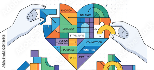 Cuadro en lienzo Hands building heart with geometric blocks featuring emotion strategy design thinking empathy and balance for business branding creative agency and emotional intelligence vector illustration