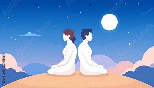 Two pixel art figures in meditation pose back to back on a hill under a large moon and starry night sky, serene atmosphere