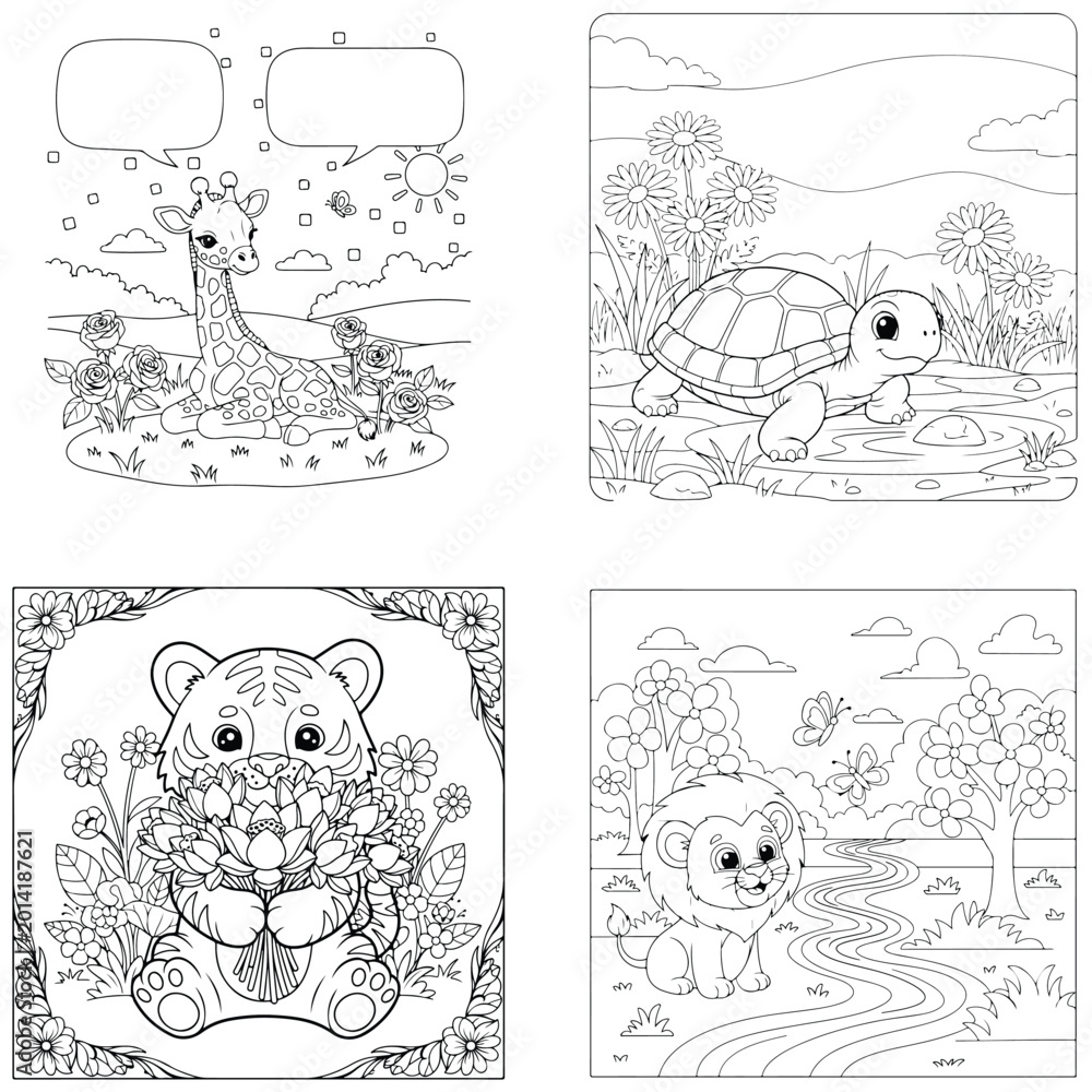 Fototapeta premium Cute cartoon giraffe and turtle for coloring book vector illustration line art white background
