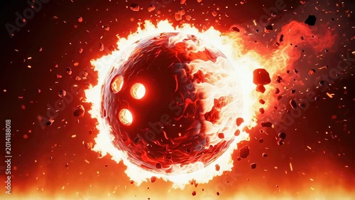 Flaming bowling ball moving through space. Sphere engulfed in fire with debris flying around. Concept of intense speed and power in sports for competitive game.