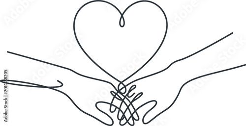 Foto Minimalist single line drawing of two hands holding a heart for romantic love marriage wedding unity and emotional connection concept fine art vector illustration