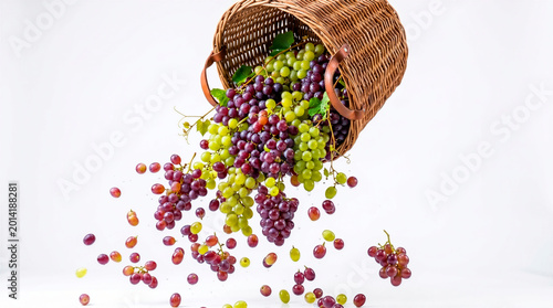 Fresh Grapes Falling from Basket on White Background