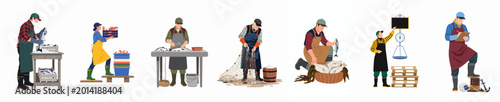 Foto Flat vector illustration of people working in the fishing industry, processing seafood, handling nets, weighing catch, and managing stock on white background