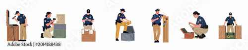 Foto Set of police and customs officers inspecting wooden crates and boxes for evidence or contraband, isolated flat vector illustrations for law enforcement concepts