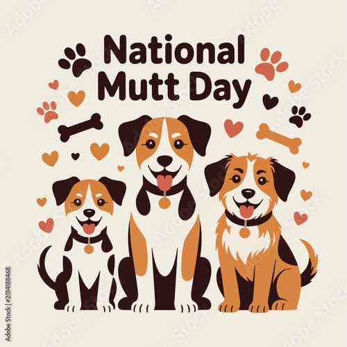 Tableau sur toile Three happy mixed-breed dogs sitting together with National Mutt Day text and pa