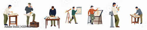 Foto Set of flat vector illustrations of men explorers and cartographers working with maps, compasses, and navigation tools isolated on white background