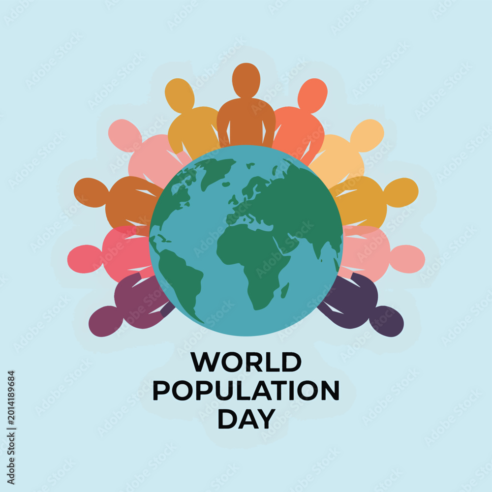 Fototapeta premium Population day with a globe surrounded by colorful human silhouettes in a circle, the Earth planet