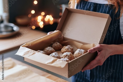 Home baker packs cookies in a box with parchment paper in a cozy kitchen setting