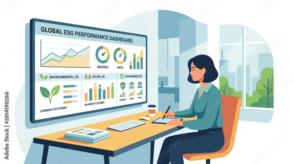 Naklejka premium Businesswoman Analyzing Data On Computer Dashboard.