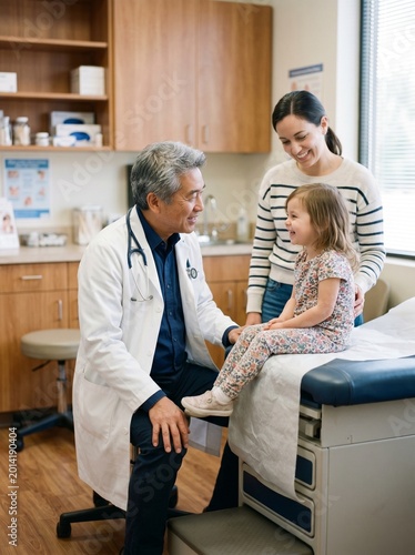 Friendly Senior Asian Male Pediatrician Talking to a Young Girl During a Medical Check-up in a Clinic