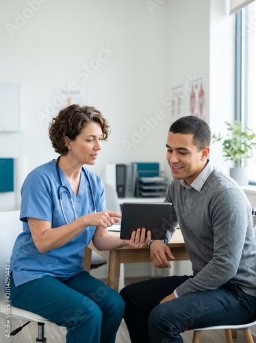 Female Healthcare Professional Showing Medical Results on Digital Tablet to Male Patient in Clinic