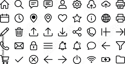 Photos Set of modern universal interface line icons, home, search, chat, user, settings, calendar, clock, location