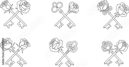 Vintage crossed keys with roses illustration