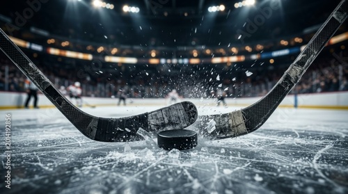 Close-up of ice hockey puck and sticks during an intense face-off battle