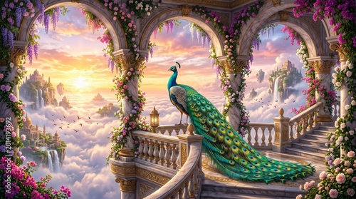 Majestic Peacock Perched on Ornate Balcony Overlooking Dreamlike Cloudscape at Sunrise.