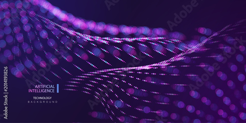 Tableau sur toile Waving purple and blue dot lines technology concept