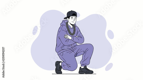 Bild auf Leinwand Hip Hop Man in Purple Tracksuit and Heavy Chain Kneeling Illustration