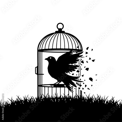 Photos Bird escaping open cage on grass with feathers flying in silhouette