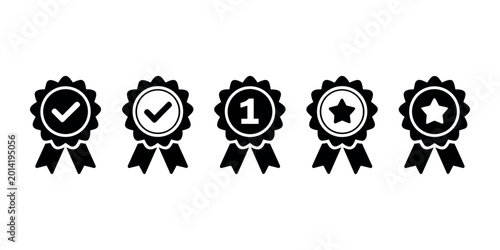Foto Black and white rosette badges with checkmarks stars and number ribbon  in white