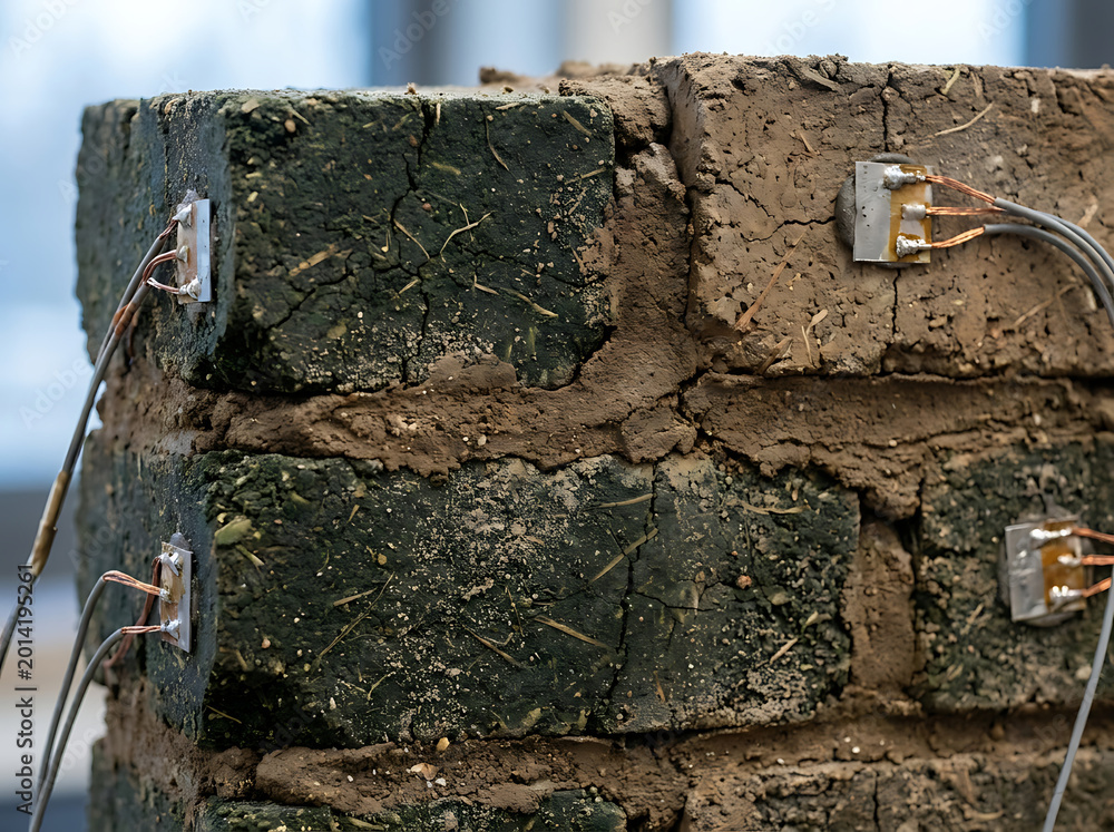 Fototapeta premium Close-up of a bio-brick wall undergoing stress testing, highlighting sensors embedded in the structure
